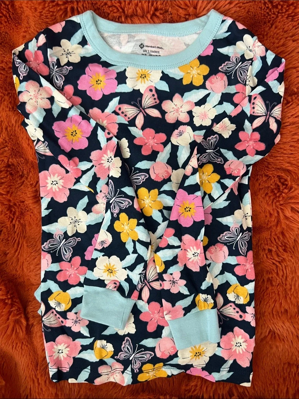 Kids Floral Butterfly Pajama Set - Navy with Pink & Yellow Flowers